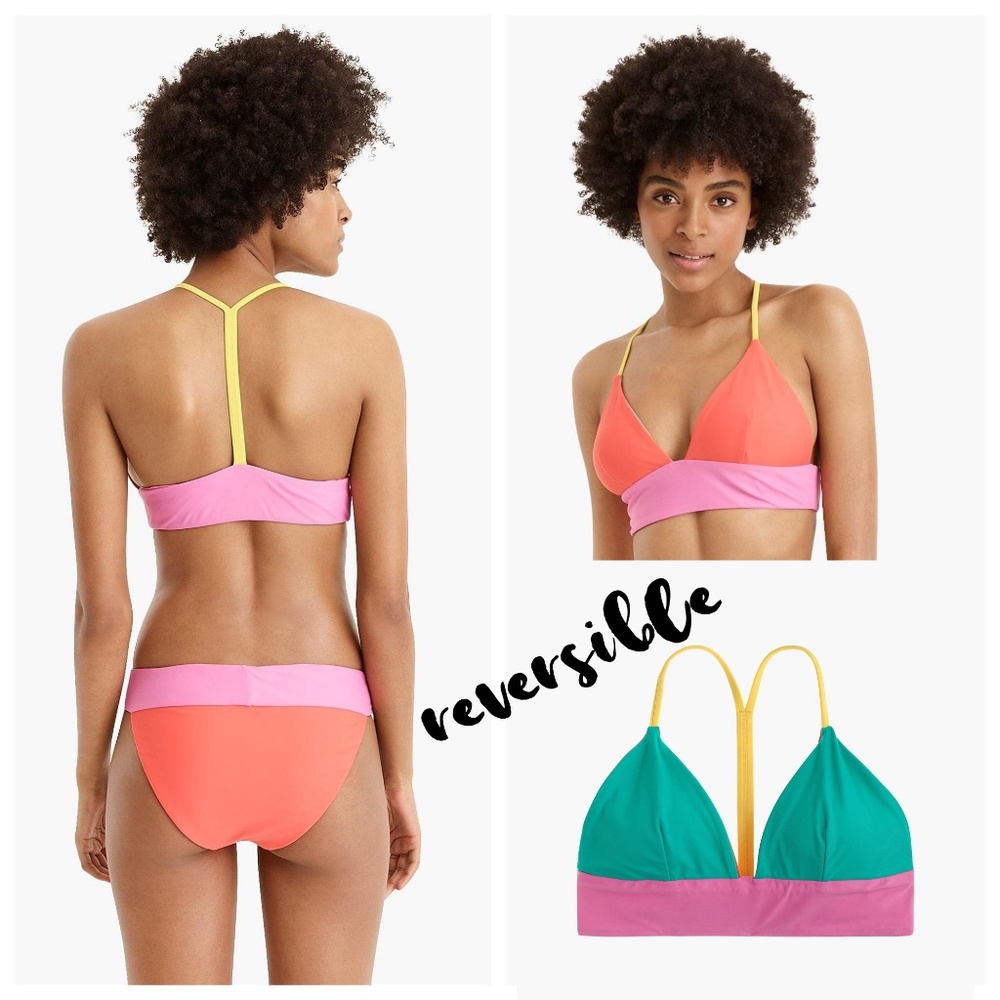 J Crew Eco Banded T-back 80s Colorblock Bikini Top Pink Orange Green Yellow XL